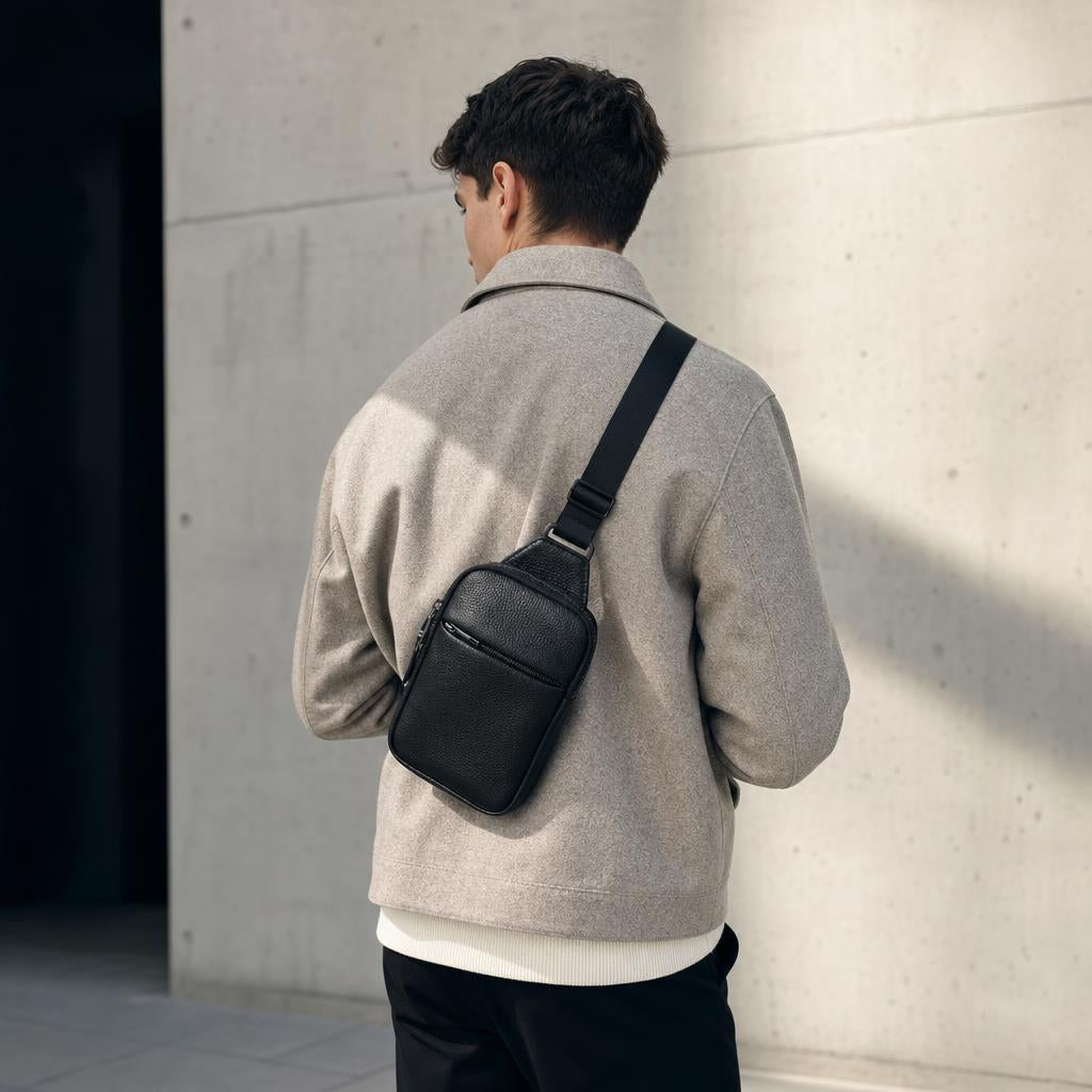 Sac bandoulière compact avec poche zippée – Noir, Bleu marine ou Beige (1L / 1,6L) - mise en situation