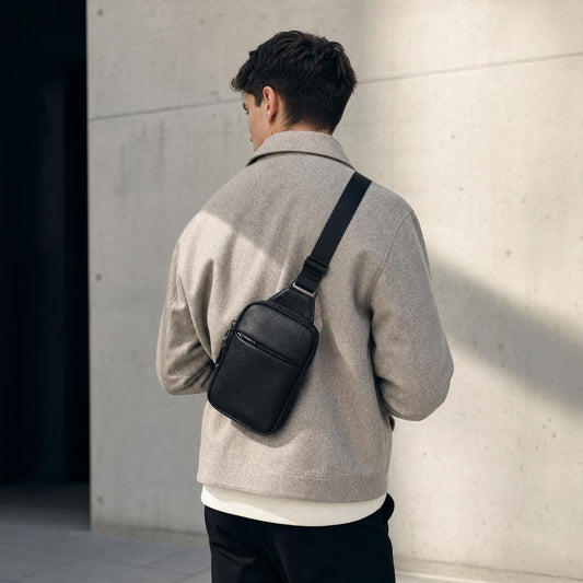 Sac bandoulière compact avec poche zippée – Noir, Bleu marine ou Beige (1L / 1,6L) - mise en situation