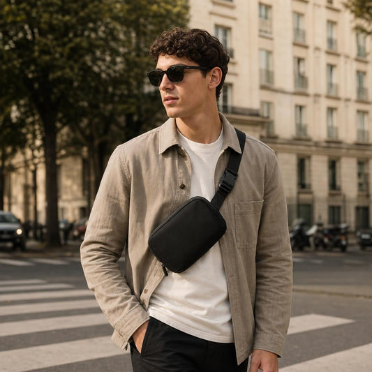 Sac bandoulière compact – Noir ou Beige - mise en situation
